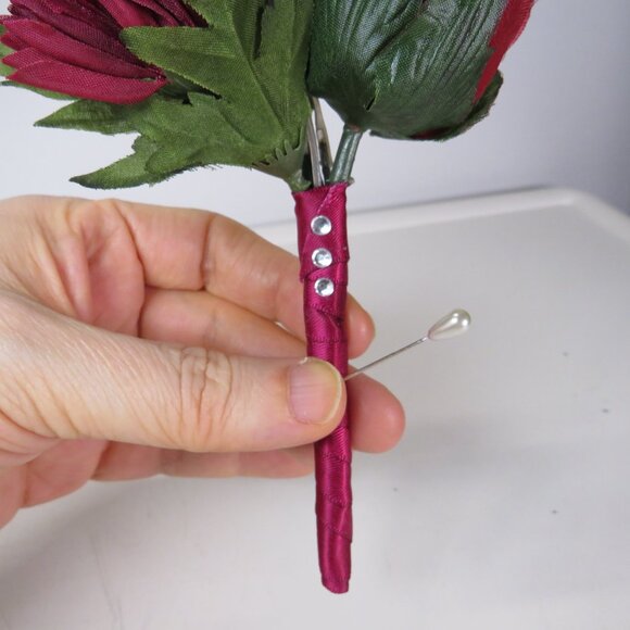 Burgundy Rosebud Boutonnière 7x5" faux flower - Picture 3 of 8